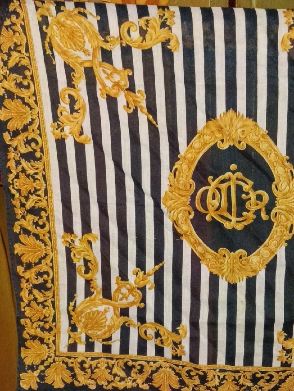 Vintage Baroque Style Christian Dior Black & White Striped Gold Medallion Scarf